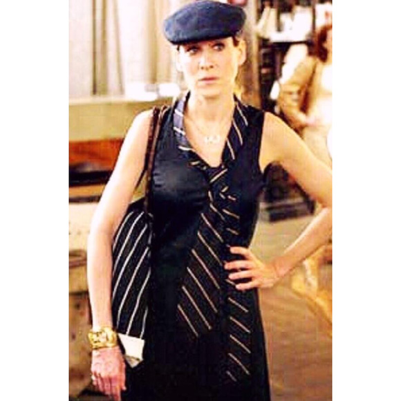 VINTAGE Rare Y2K 2001 MIGUEL ADROVER Striped Creme Navy Dress US 8 - Picture 3 of 12